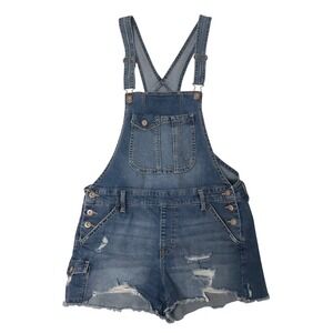 No Boundaries Womens Denim Distressed Blue Jean Short Overalls Size L 11 13